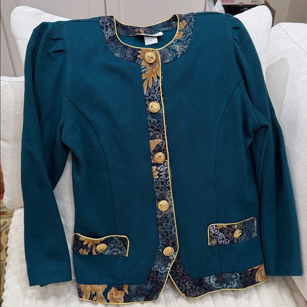 Grandmillennial VTG 90s Jeffrey & Dara Teal Knit Jacket Floral Gold Button MP